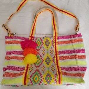 Colorful Striped Tote Bag with Geometric Panel and Tassels